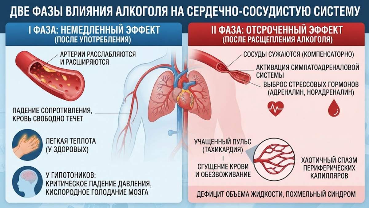 Две фазы влияния алкоголя на сердечно-сосудистую систему: немедленный эффект с расширением сосудов и отсроченный эффект со спазмом и сгущением крови.