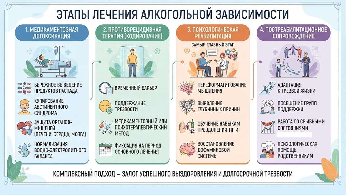 Инфографика: Этапы лечения алкогольной зависимости (медикаментозная детоксикация, кодирование, психологическая реабилитация и постреабилитационное сопровождение).