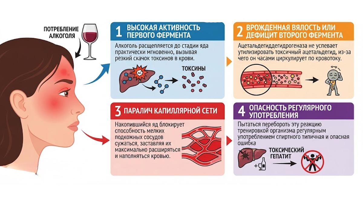 Инфографика, показывающая генетический дисбаланс у женщин: высокую активность первого фермента алкоголя, дефицит второго фермента, паралич капиллярной сети и опасность токсического гепатита.