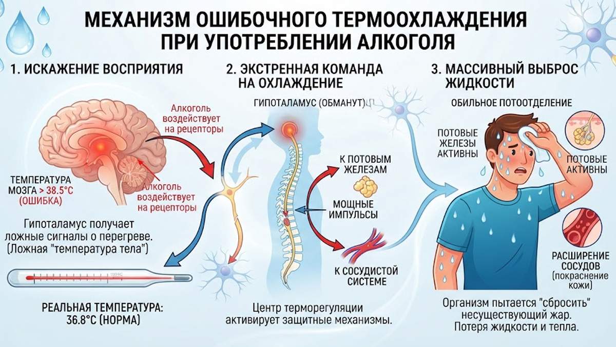 Инфографика: механизм ошибочного термоохлаждения при употреблении алкоголя, искажение восприятия гипоталамусом и массивный выброс жидкости.