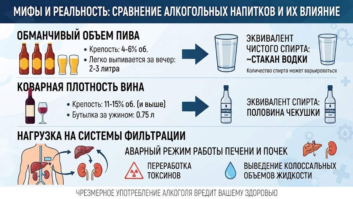 Инфографика «Мифы и реальность: сравнение алкогольных напитков и их влияние», показывающая эквивалент чистого спирта в пиве и вине, а также нагрузку на печень и почки.