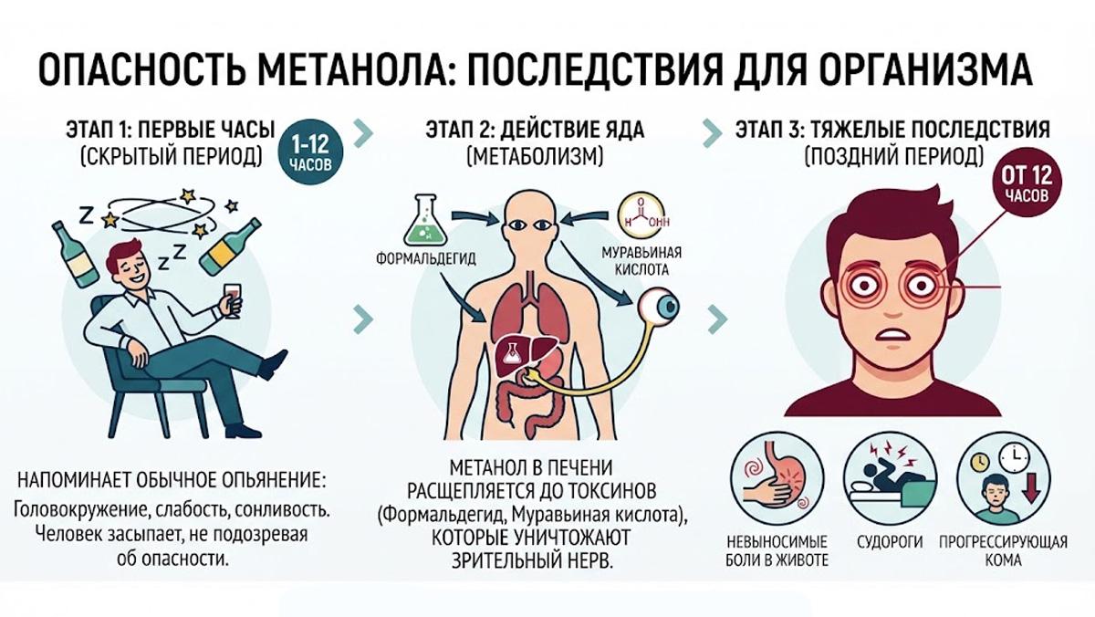 Инфографика: опасность метанола и последствия для организма (этапы от скрытого периода до слепоты и комы)