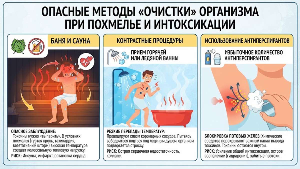 Инфографика: опасные методы очистки организма при похмеле и интоксикации (баня, контрастные процедуры, антиперспиранты)