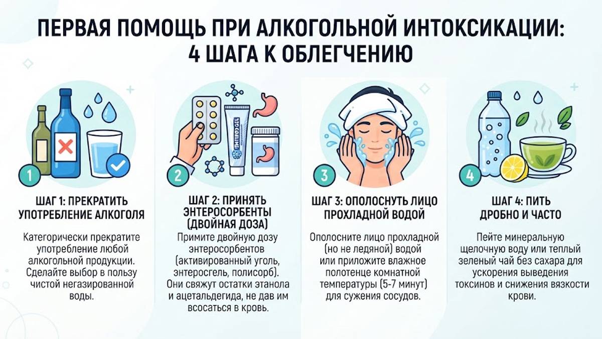 Инфографика: 4 шага первой помощи при алкогольной интоксикации (отказ от алкоголя, сорбенты, прохладная вода, обильное питье)