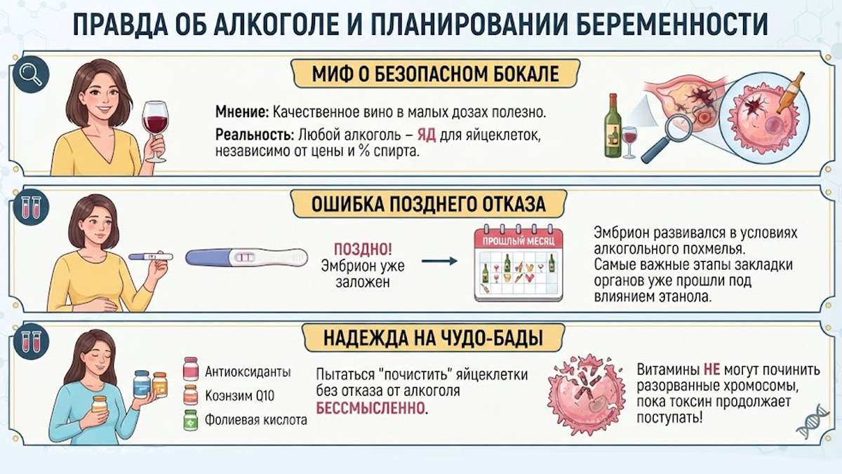 Инфографика: правда об алкоголе и планировании беременности. Разоблачение мифа о безопасном бокале вина, ошибки позднего отказа и бесполезности БАДов без отказа от алкоголя.