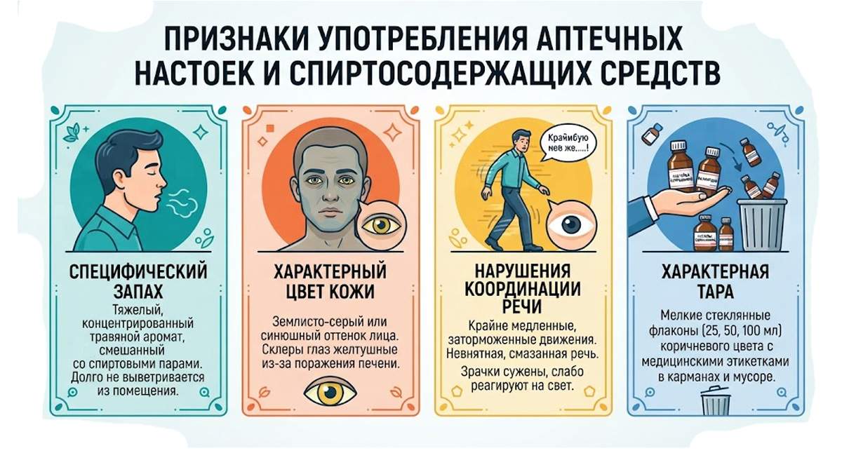 Инфографика «Признаки употребления аптечных настоек и спиртосодержащих средств», разделенная на четыре блока: специфический запах, характерный цвет кожи, нарушения координации и речи, а также характерная тара.