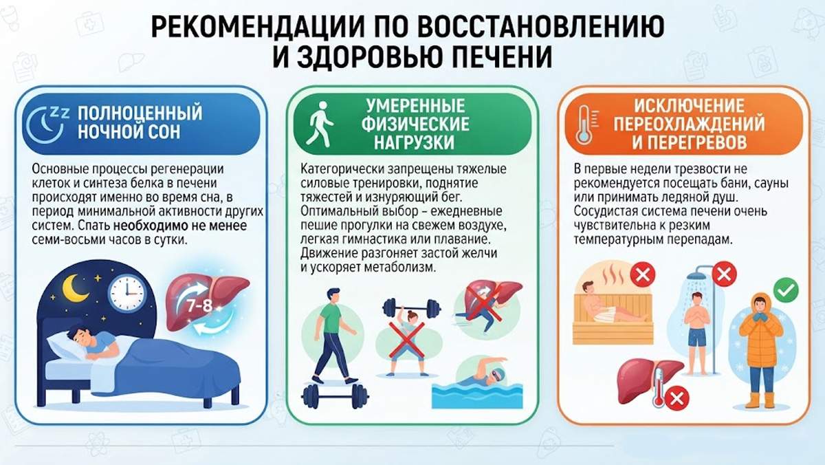 Инфографика с рекомендациями по восстановлению и здоровью печени: полноценный сон 7-8 часов, умеренные физические нагрузки и исключение резких температурных перепадов.