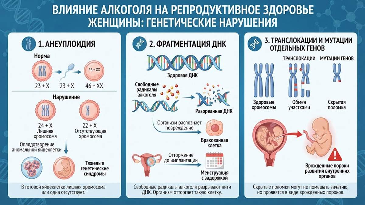 Инфографика «Влияние алкоголя на репродуктивное здоровье женщины: генетические нарушения», показывающая три типа патологий: анеуплоидию, фрагментацию ДНК и транслокации с мутациями отдельных генов.