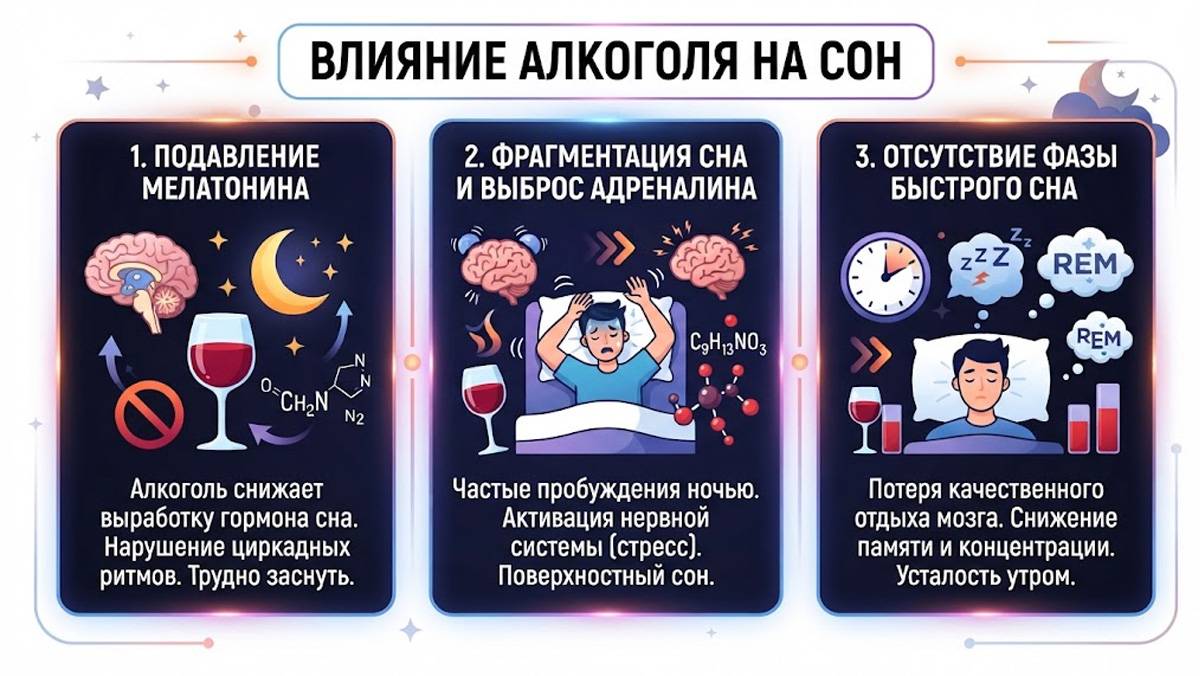 Инфографика о вреде алкоголя для сна, показывающая подавление мелатонина, выброс адреналина и отсутствие фазы быстрого сна.