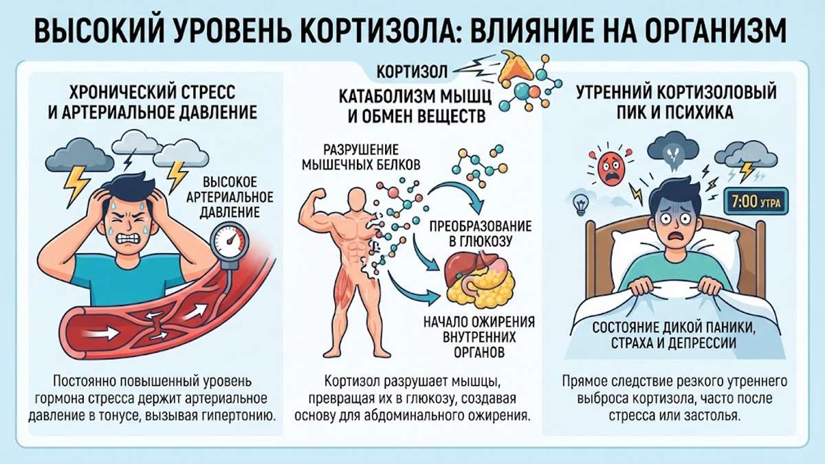 Инфографика: влияние высокого уровня кортизола на организм, артериальное давление, мышцы и психоэмоциональное состояние.